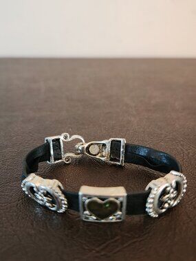 Black Leather Silver Tone SW Concho Slides Magnetic Closure Bracelet